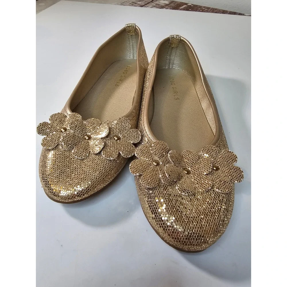 BCBG Girls Tillie Gold Glitter Floral Ballet Flats Round Toe Slip On Shoes 3M